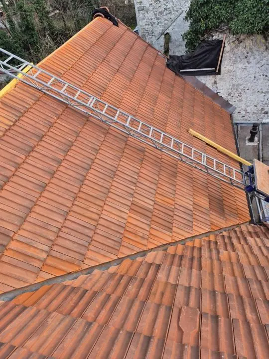 Pose de tuiles neuves avec monte-charge